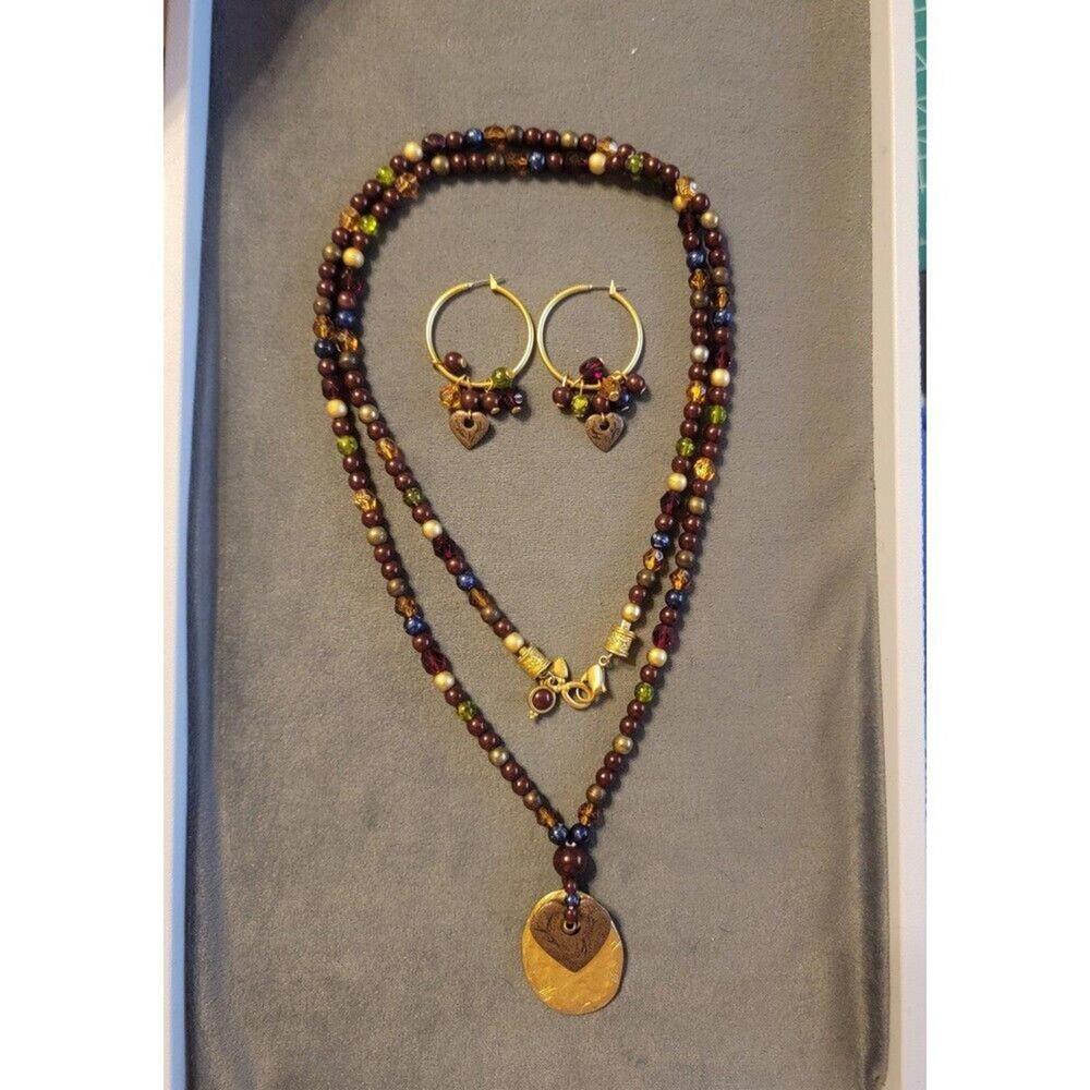 Liz Claiborne Beaded Heart Necklace And Hoop Earrings